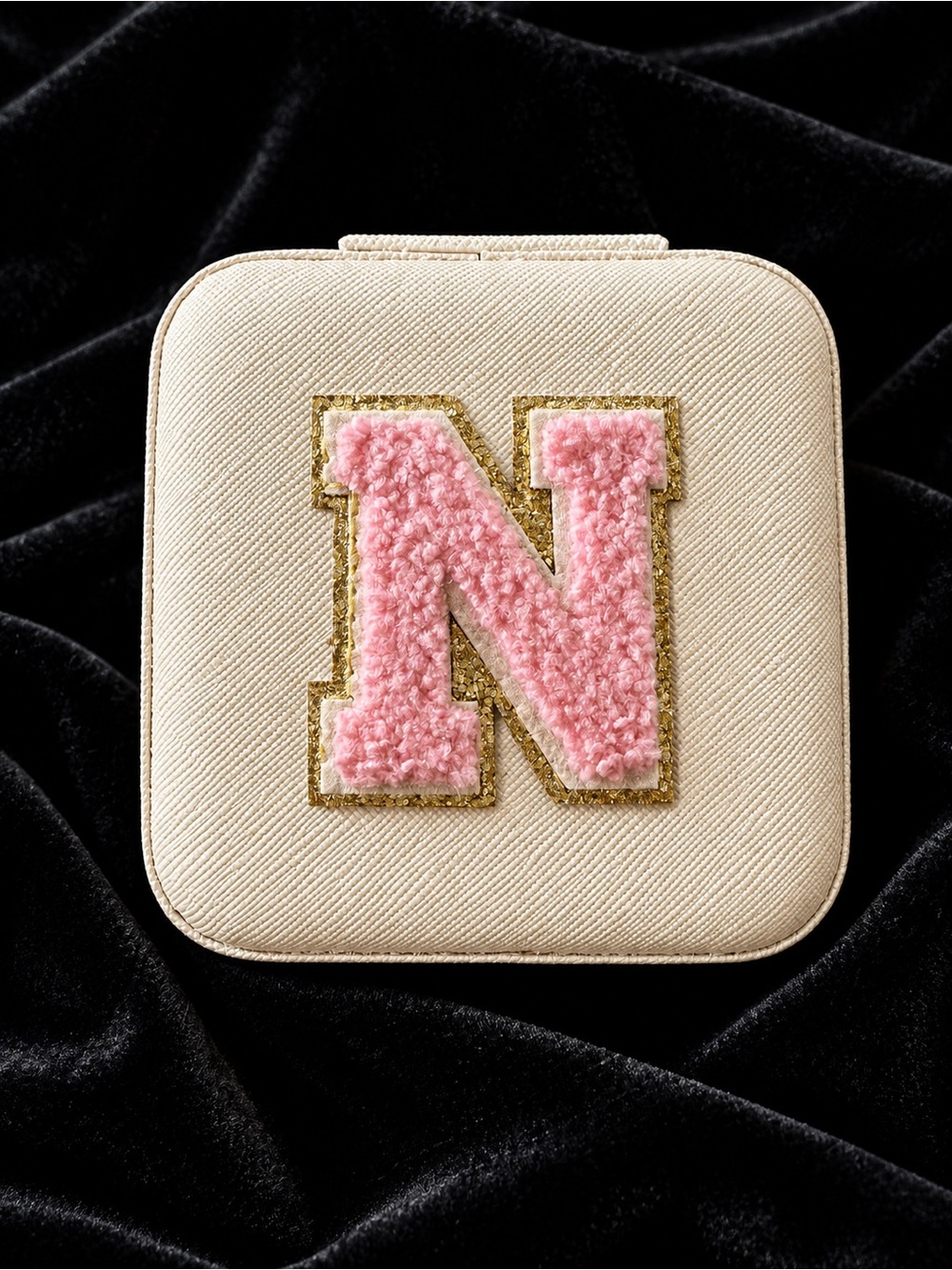 Cream Travel Jewelry Case Vegan Saffiano Leather with Pink Chenille 'N' Accent